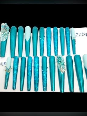 Custom Handmade Press On Nails 3X Long Coffin Shape Blue Metallic Holographic